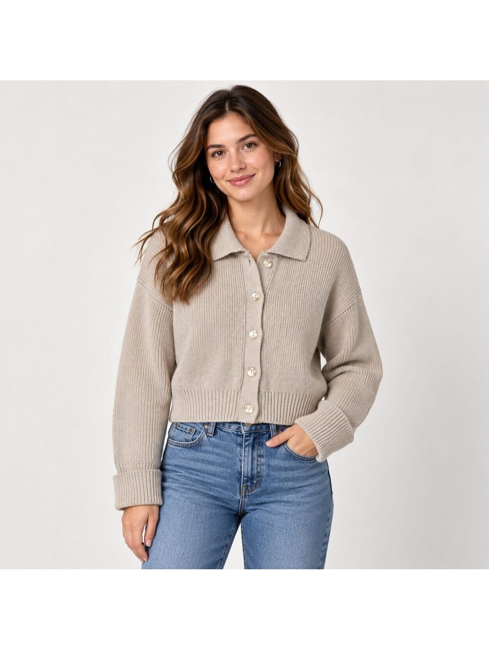 Abercrombie & Fitch Ribbed Knit Cropped Collared Cardigan Sweater XS
